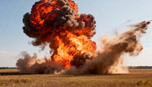 A powerful fiery explosion erupting across a vast desert landscape, with flames, smoke and dust creating a dramatic cinematic scene under an open sky.