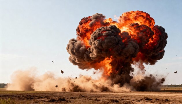 A powerful fiery explosion erupting across a vast desert landscape, with flames, smoke and dust creating a dramatic cinematic scene under an open sky.