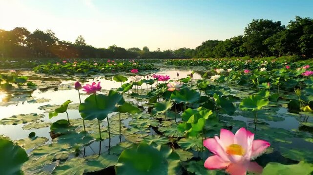 Natural ecosystem interactions: Subtle glimpses of small, non human aquatic life like a frog resting on a lily pad or a dragonfly hovering above the water, emphasizing biodiversity without central foc