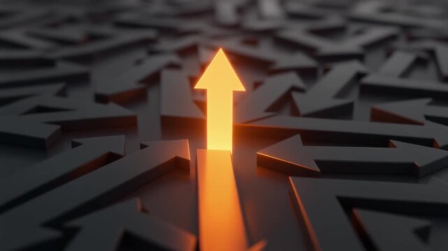 Glowing orange arrow pointing upwards amidst a crowd of dark arrows direction leadership