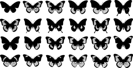 Fototapeta premium Butterfly silhouette collection set, elegant flying insect wings shapes assortment, natural wildlife black vector illustration icons isolated on white background