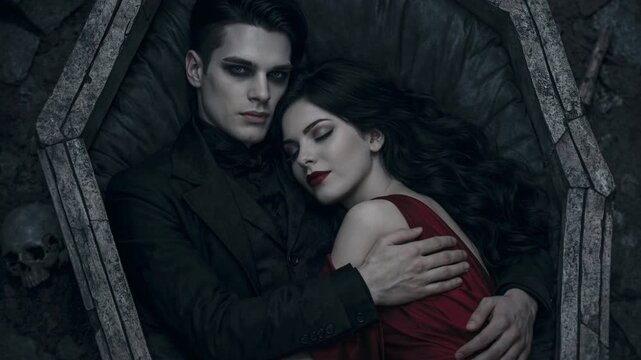 Dark Romance Vampire Woman Awakens in Open Coffin Revealing Fangs