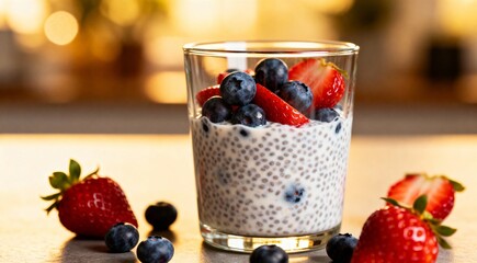 Delicious Chia Pudding with Fresh Berries with blurred background