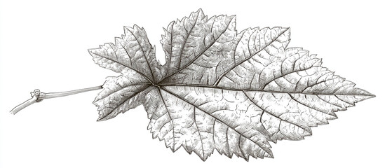 A detailed black and white illustration of a single maple leaf with stem on a plain background