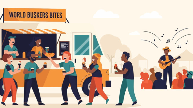 A charming flat design illustration depicting a bustling food truck scene with a busker in the background, capturing the relaxed and enjoyable atmosphere of the World Buskers Festival. 