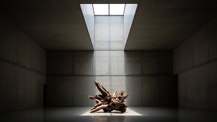 Sculpture bathed in dramatic light from a skylight in a modern museum hall.