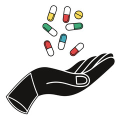 a black silhouette of an open hand (palm facing up) with several colorful pills and capsules falling or floating toward it from above. The medications include various capsule shapes in colors.