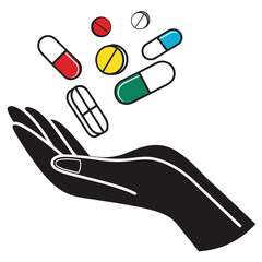 A stylized black hand with white outlines is shown palm-up, catching or releasing colorful pills and capsules symbolizing themes of medicine, healthcare, or pharmaceutical use.