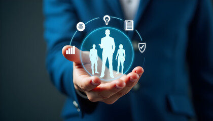 Human resource and team management with businessman holding digital team icon for workforce management, employee data, leadership, and talent analytics