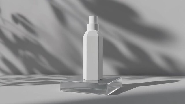 A minimalist white rectangular spray bottle on a clear acrylic block with leaf shadows.