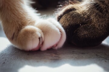 Intimate shot of cat paws with warm sunlight and soft shadows, Closeup image capturing delicate pink pads of cat paws touching under gentle sunlight in cozy setting