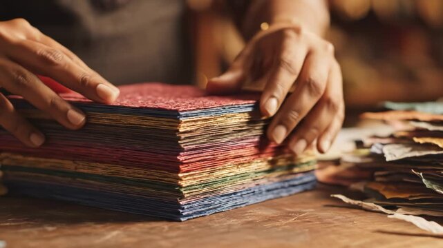 Hands sorting colorful paper sheets