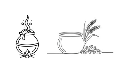 Ancient vessels and plants in a simple line drawing style