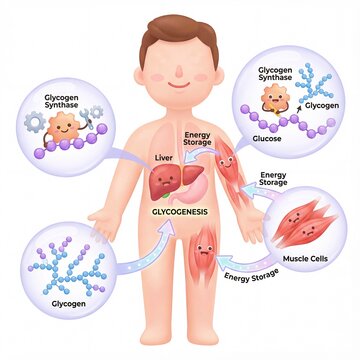 A clear medical illustration explaining glycogenesis, showing how glucose is converted into glycogen for energy storage in the liver and muscle cells.