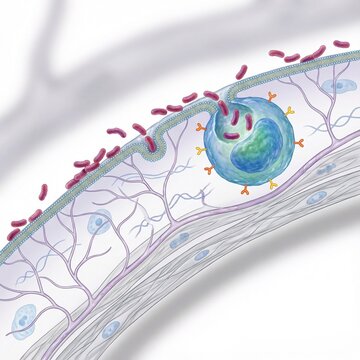 A detailed medical illustration showing immune cell transmigration through the blood vessel wall, highlighting endothelial barriers, bacteria, antibodies, and tissue interaction in inflammatory.