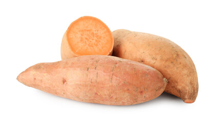 Whole and cut sweet potatoes isolated on white
