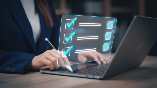 Person checking off items on a digital checklist on a laptop screen with a stylus Keywords: checklist, to-do list, task management, digital survey, online form, completion, progress, success, goal
