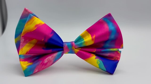 A colorful, abstract-patterned bow tie, showcasing hues of pink, blue, yellow, and green, against a white backdrop
