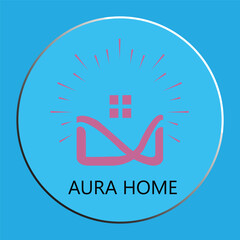 Aura Home Real Estate Logo Design with House Symbol and Light Rays on Blue Background
