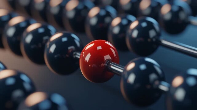 Row of black balls on metal rods with one red ball in focus image photo