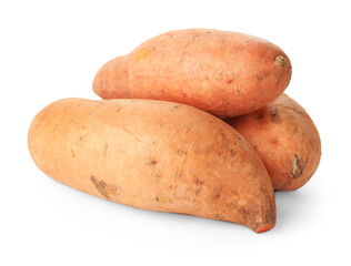 Many raw sweet potatoes isolated on white