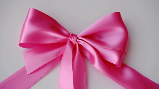 Close-up of a vibrant pink satin bow against a white background, symmetrical and elegant