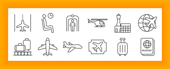 Airport travel set icon. Plane, terminal seat, metal detector, chopper, control tower, globe, baggage belt, boarding pass, passport, and suitcase visuals indicating air travel and transit.