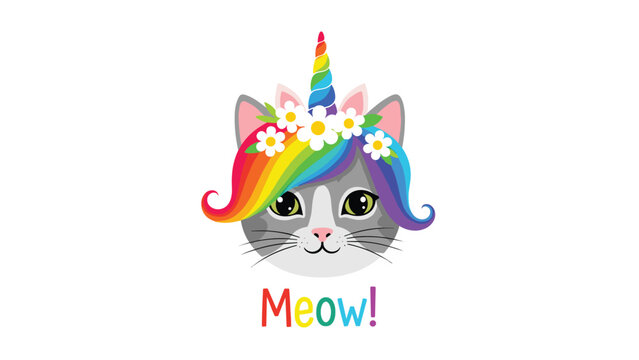 An adorable caticorn portrait featuring a gray tabby cat with a rainbow unicorn horn, colorful mane, and a flower crown, with 'Meow!'.