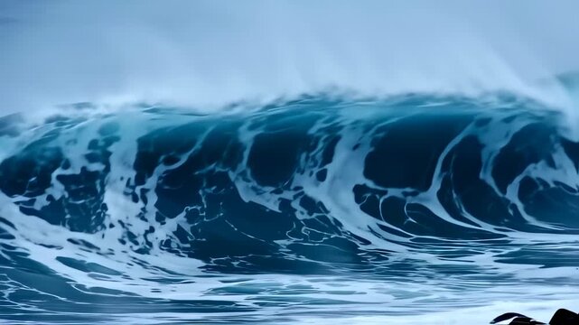 A dramatic ocean wave curls, displaying foamy white crests against the deep blue water