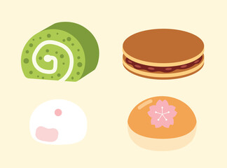 Four popular Japanese wagashi desserts, Matcha roll cake, dorayaki pancake sandwich, pink-filled daifuku mochi, and sakura manju