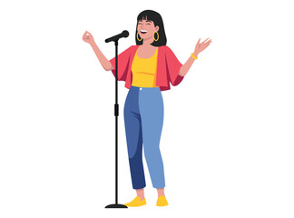 Cheerful woman singing into a microphone on a stand, wearing bright casual clothes and expressing joy while performing