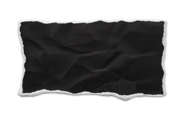 Torn black paper background with wrinkled texture and ragged edges, abstract blank template on transparent alpha channel