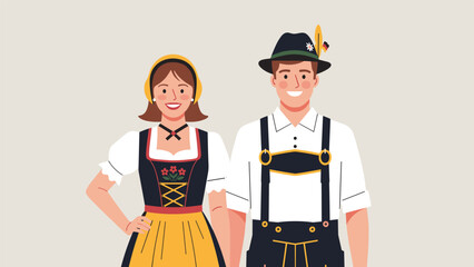 A smiling German couple dressed in traditional Bavarian attire, the woman in a dirndl and the man in lederhosen, for the Oktoberfest.