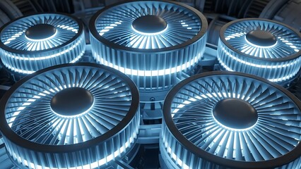 Close-up of Futuristic Jet Engine Turbines with Blue LED Illumination.