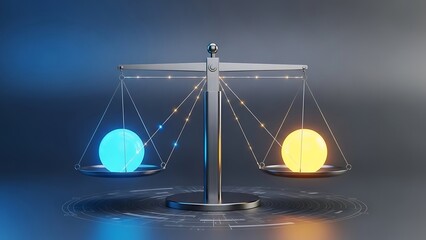 Conceptual image of a balanced scale with glowing spheres representing abstract concepts.