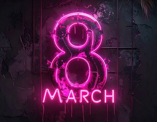 Dark background, pink neon text: 8 march, background for Women's Day