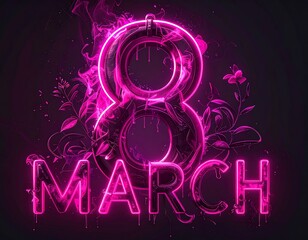 Dark background, pink neon text: 8 march, background for Women's Day
