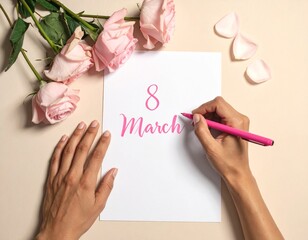 White card, woman's hand writing on it aesthetically: "8 March" with a pink pen, flowers lying next to it, top view.