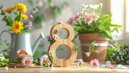 Background for Women's Day, a wooden "8", from which flowers and plants grow, around the 8 lie ribbons and strings and watering cans.