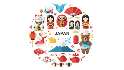 Fototapeta premium A circular collage of cute, flat design icons representing Japanese culture, featuring a maneki-neko, daruma doll, and Mount Fuji.