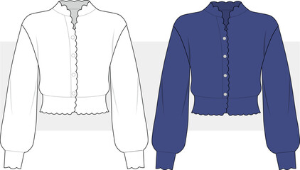 Women's High Neck Cardigan technical fashion illustration. Sweater fashion flat technical drawing template, long sleeves, buttons, casual, front view,  CAD mockup.