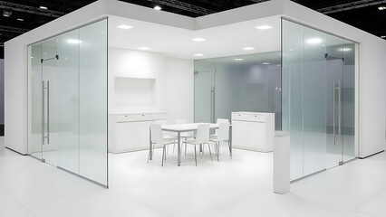 Modern Office Meeting Room with Glass Walls and White Furniture.