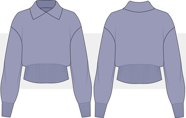 Women's Polo Collar Sweater technical fashion illustration. Sweatshirt fashion flat technical drawing template, front and back view,  CAD mockup