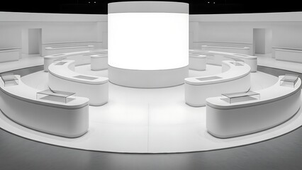 Modern Futuristic Exhibition Space with Circular Booths and Central Display.