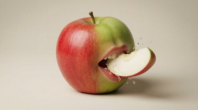 Fresh red and green apple being bitten into with juice splashing