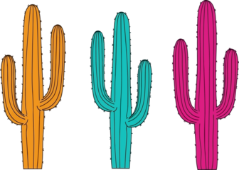 Set of colorful cactus illustrations on black background for decorative use