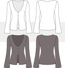 Women's Cardigan technical fashion illustration. Sweater fashion flat technical drawing template, V neck, Wide sleeves, buttons, casual, front and back view vector, CAD mockup.