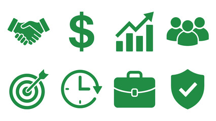 Business and Finance Icon Set in Green - Growth, Security, Teamwork, and Time Management