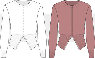 Women's Round Neck Cardigan technical fashion illustration. Sweater fashion flat technical drawing template, long sleeves, buttons, casual, front view,  CAD mockup