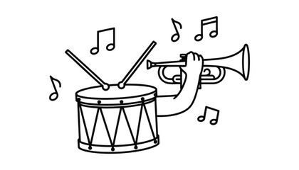 A black and white illustration of a trumpet and drum with musical notes